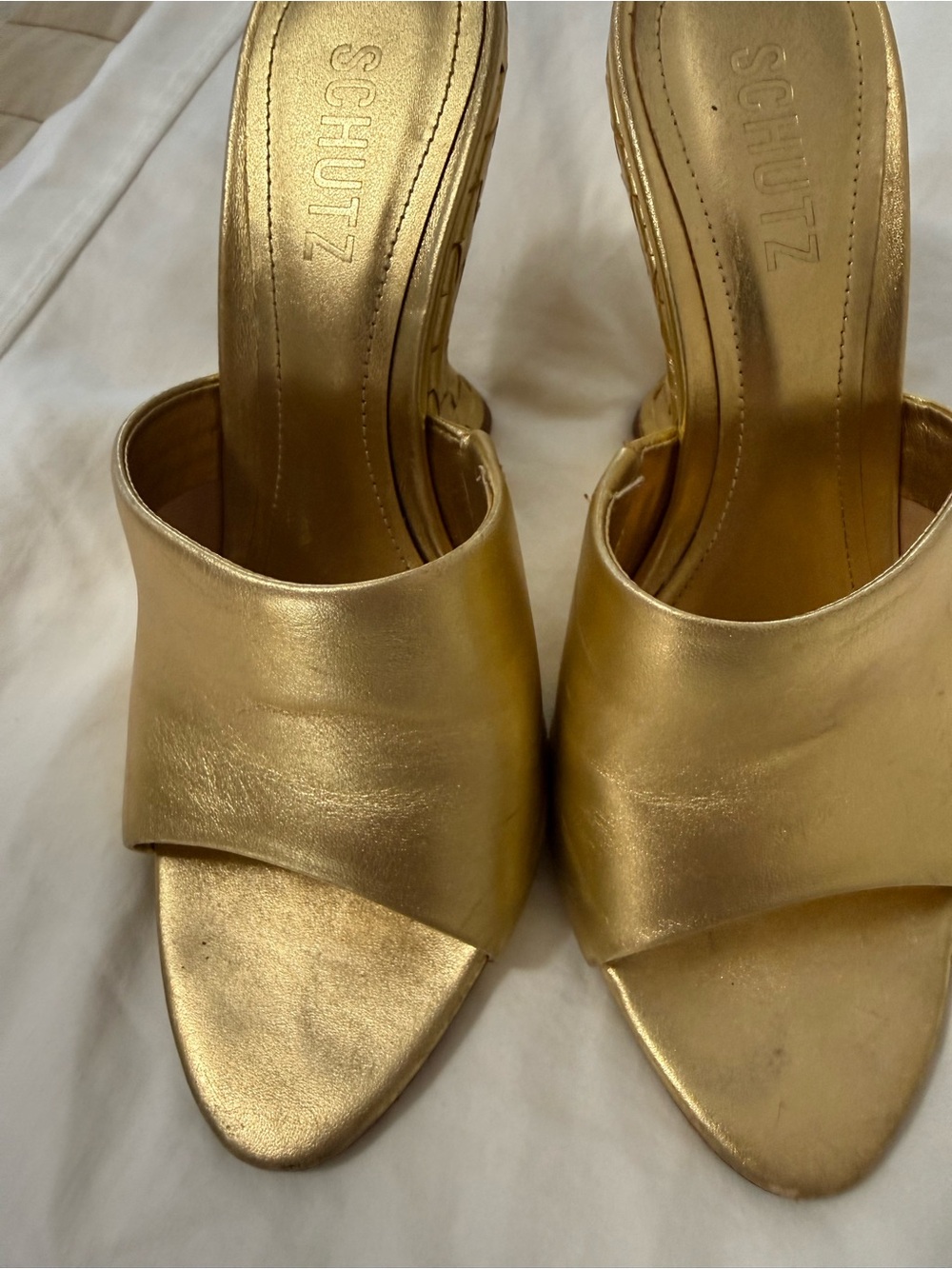 SCHUTZ Metallic Gold Woven Wedge Slide Mules - Picture 4 of 9